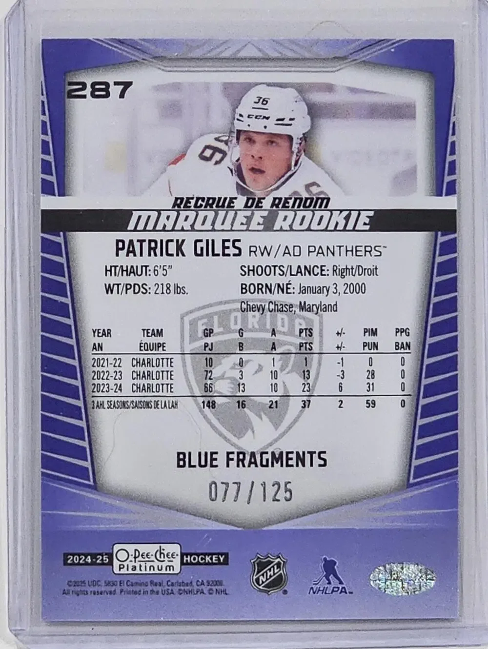 2024-25 O-Pee-Chee Platinum Patrick Giles Marquee Rookie Card #287 - LE 77/125